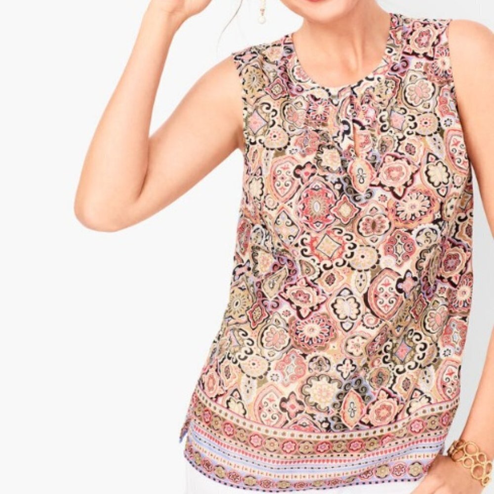 Talbots Women's Medallion Border Split-Neck Shell Sleeveless Blouse - MP